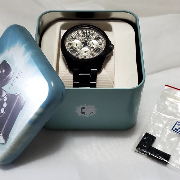 VTG NIT Authentic Fossil Stainless Steel Black Rhinestone Studded Wrist Watch main image 6